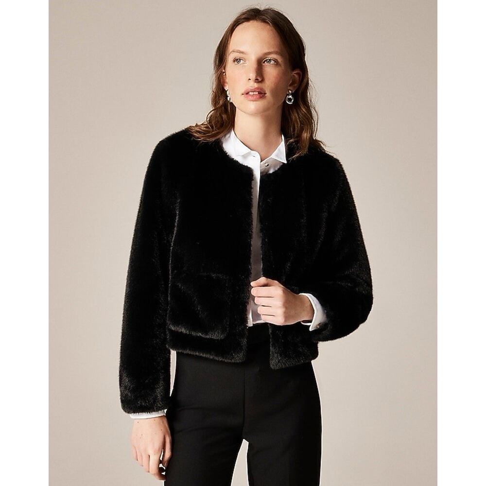J. Crew Faux Fur Lady Cropped Jacket - Black Nwt $228 Size XS